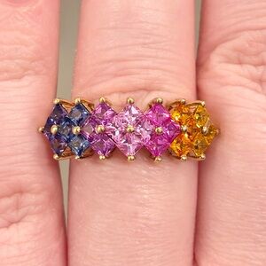 10K Rainbow Sapphire Ring, R. Klein, Lab Created, Princess Cluster, Size 7.25